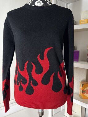 Hot Topic Red Flame Sweater Black Knit Pullover Size Small S Goth Emo Alt